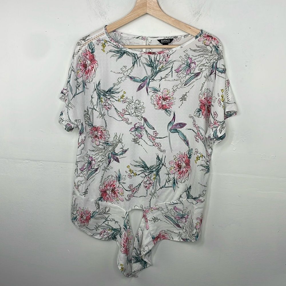 Buffalo David Bitton Top Womens White Floral Print Front Tie Blouse Small